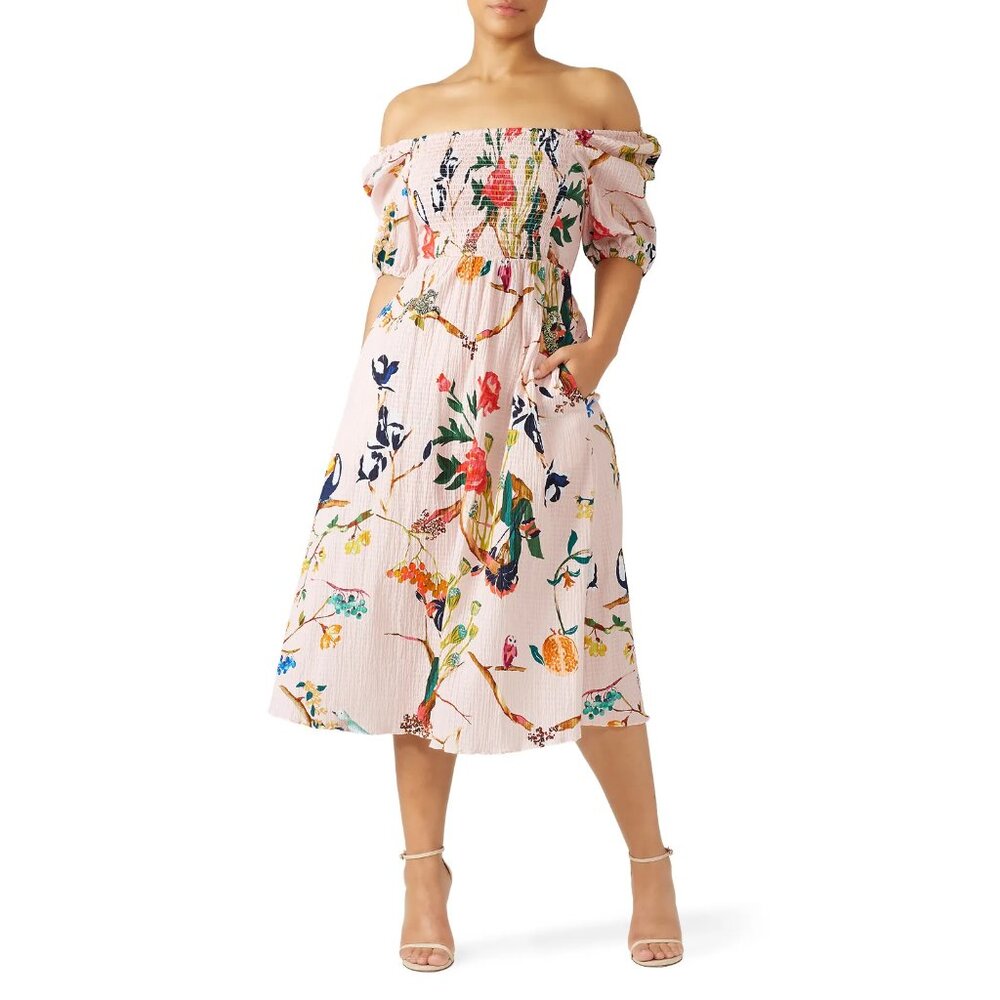 Tanya Taylor Lucinda Floral Print Smocked Midi Dress 0X - Jungle Animals Print